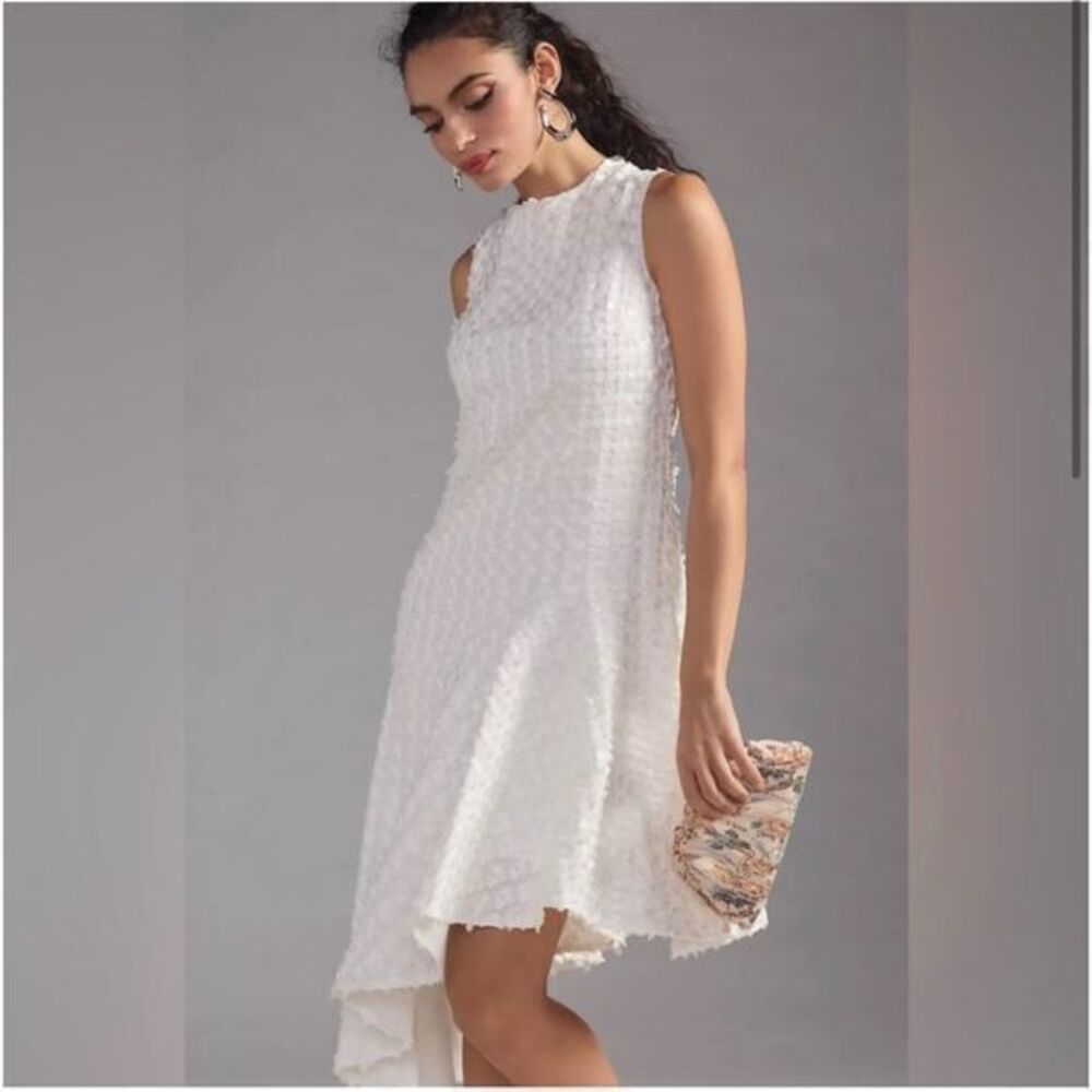 Anthropologie X Eva Franco Textured Asymmetrical Dress White Eyelash Embroidered